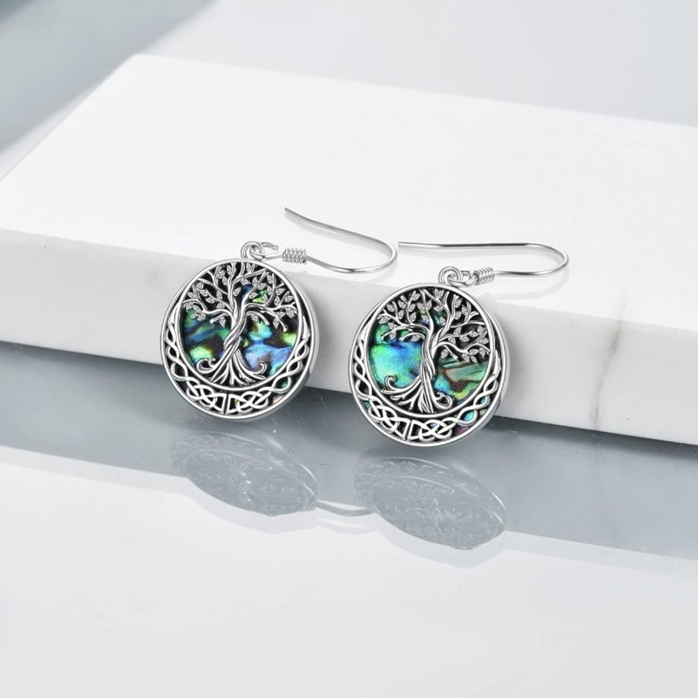 .925 Silver Tree of Life Abalone Drop Earrings - Women Jewelry